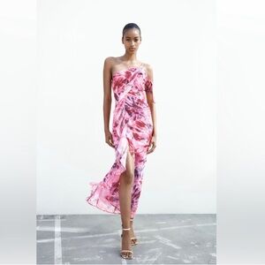 Zara One Shoulder Pink Floral Chiffon Dress XL